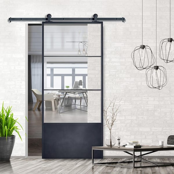37 in. x 84 in. 3/4 Lite Concorde KD Clear Glass Black Metal Finish Sliding Barn Door with Hardware Kit 37 in. x 84 in. 3/4 Lite Concorde KD Clear Glass Black Metal Finish Sliding Barn Door with Hardware Kit