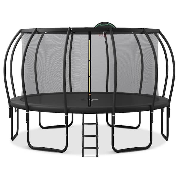 Unbranded 16 ft. Outdoor Kids Trampoline with Safety Fence, Plus Basketball Board and 12 Stakes for Backyard Garden Black