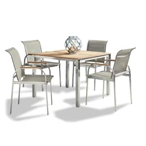 Aruba 5-Piece Steel and Teak Wood Square Outdoor Dining with Taupe Fabric Chairs