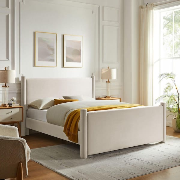 Rael White Wood Frame Queen Platform Bed with Upholstered Headboard and Footboard