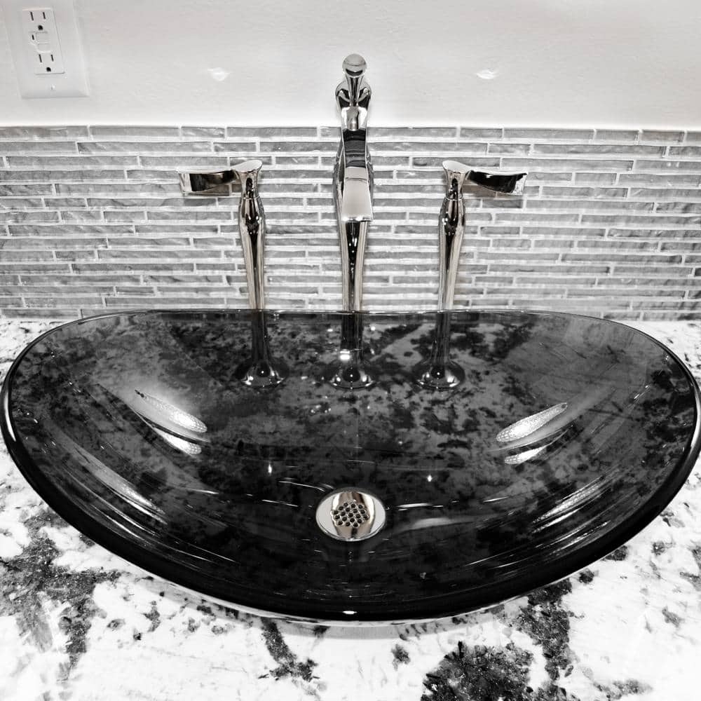 Clear Gray Tempered Glass Oval Above-Counter Bathroom Sink