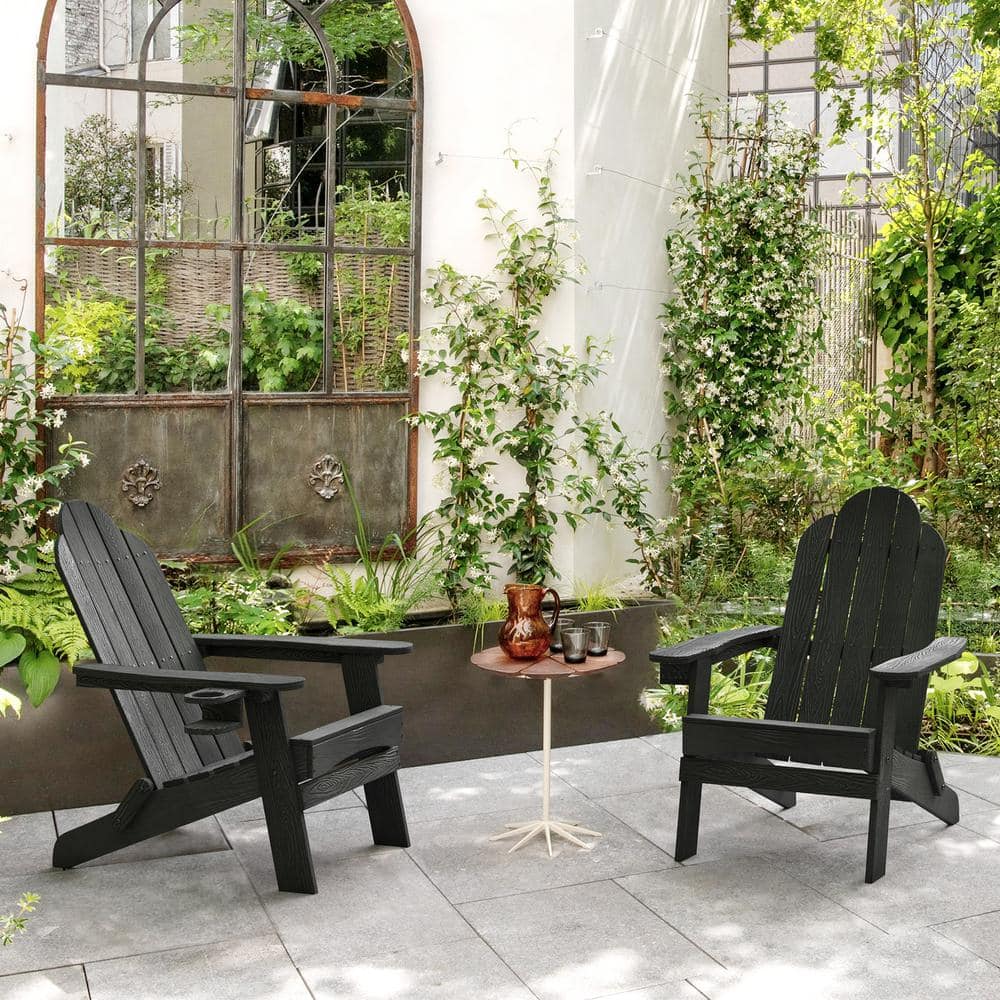 Black Foldable HDPS Adirondack Chairs with Cup Holder, Set of 2