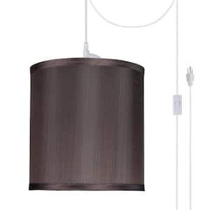 1-Light White Plug-in Swag Pendant with Brown Hardback Drum Fabric Shade