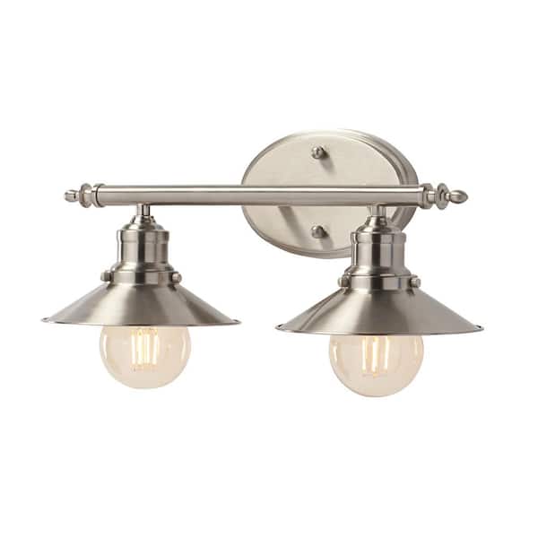 Home Decorators Collection Glenhurst 16 in. 2-Light Brushed Nickel Farmhouse Bathroom Vanity Light Fixture with Metal Shades