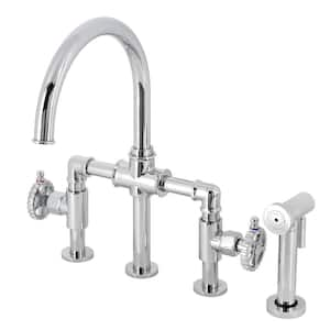 Fuller Double-Handle Deck Mount Gooseneck Bridge Kitchen Faucet with Brass Sprayer in Polished Chrome