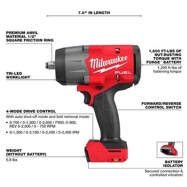 Milwaukee - M18 FUEL 18V Lith-Ion Brushless Cordless 1/2 in. Impact Wrench w/ 1/2 in. Mid Torque Impact Wrench & (2) 6.0 Ah Battery