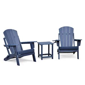 Folding Outdoor Adirondack Chair Set of 2 and Table Set, HDPE All-weather Folding Fire Pit Chair, Navy Blue