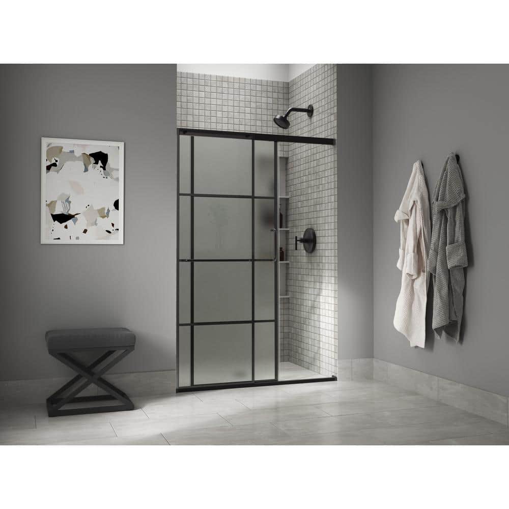 Elate Collection K-707613-8G80-BL 47.63"" x 75.5"" CleanCoat Frameless Tall Sliding Shower Door with 0.31"" Thick Frosted Glass with Rectangular Grille -  Kohler