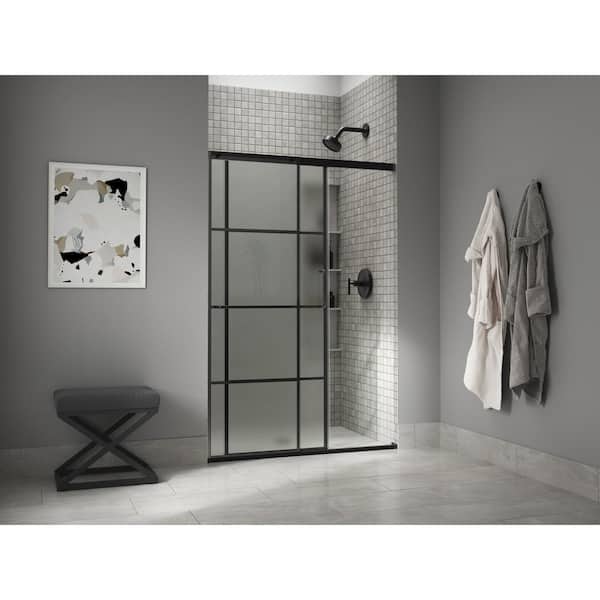 KOHLER Elate Tall 44-48 in. W x 76 in. H Sliding Frameless Shower Door in Matte Black with Thick Frosted Glass