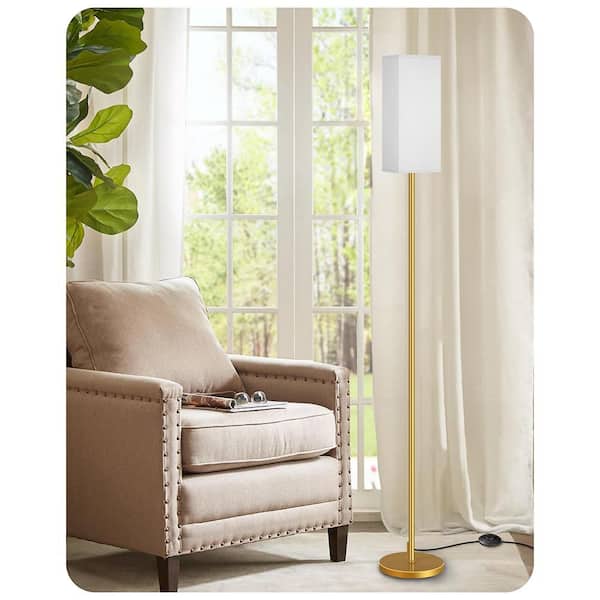 65 in. Gold 1-Light Lantern Floor Lamp with Linen Shade and No