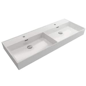 Milano Wall-Mounted White Fireclay Rectangular Double Bowl for Two 1-Hole Faucets Vessel Sink with Overflows