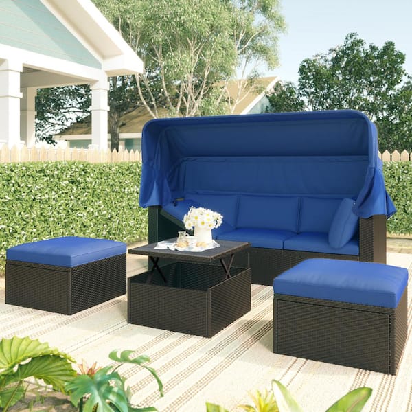 GOSHADOW 4-Piece Wicker Outdoor Patio Rectangle Day Bed with Retractable Canopy with Washable Blue Cushions