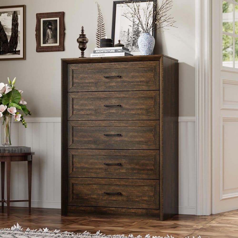 White Wood Grain 5 Drawers 31.5 in. W Dresser Storage Drawers with Smooth Glide and Anti-Tip Kit