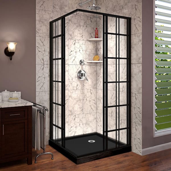 French Corner 36 in. W x 36 in. D x 74.75 in. H Framed Shower Enclosure and Shower Base Kit in Matte Black French Corner 36 in. W x 36 in. D x 74.75 in. H Framed Shower Enclosure and Shower Base Kit in Matte Black