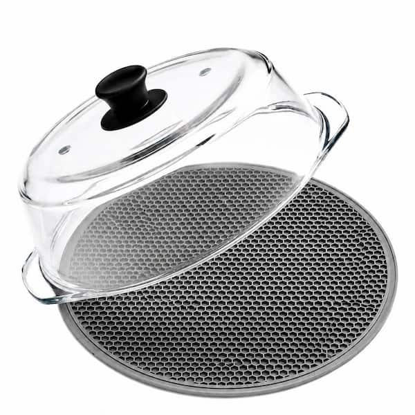 10.5 in. Clear Glass Microwave Splatter Cover with Silicone Mat, Vent Holes and Easy-Grip Knob for Reheating