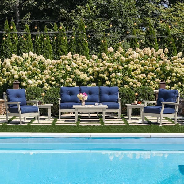 Lehigh Whitewash 6-Piece Couch and Chair Deep Seating Patio Conversation Set with Sunbrella Spectrum Indigo Cushions