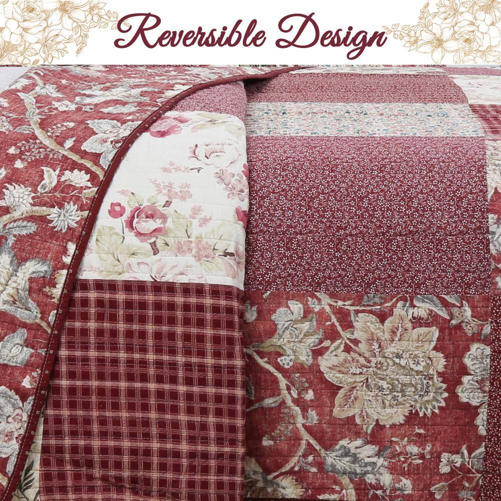 Romantic Red Floral Patchwork Cotton Reversible Queen Quilt Set
