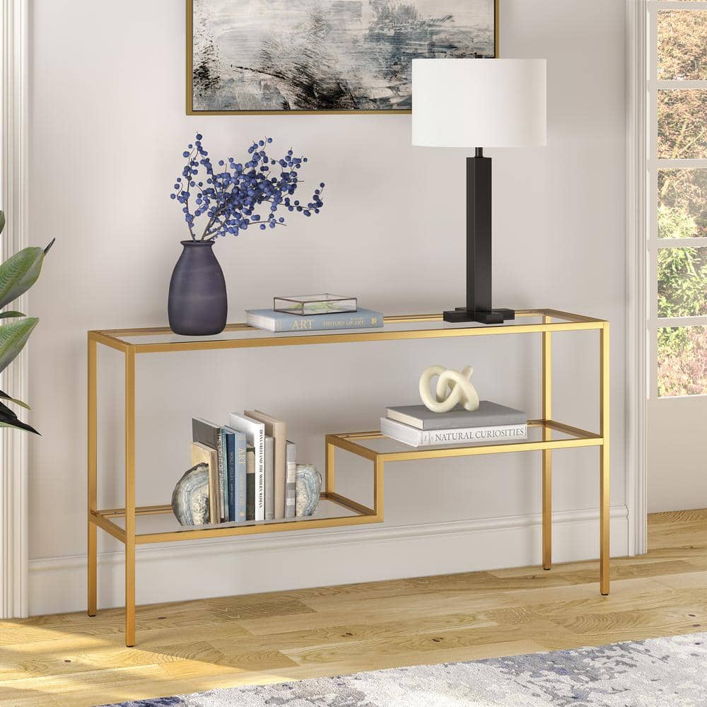 Evelyn&Zoe Lovett Modern Brushed Gold Console Table with Tempered Glass Shelves