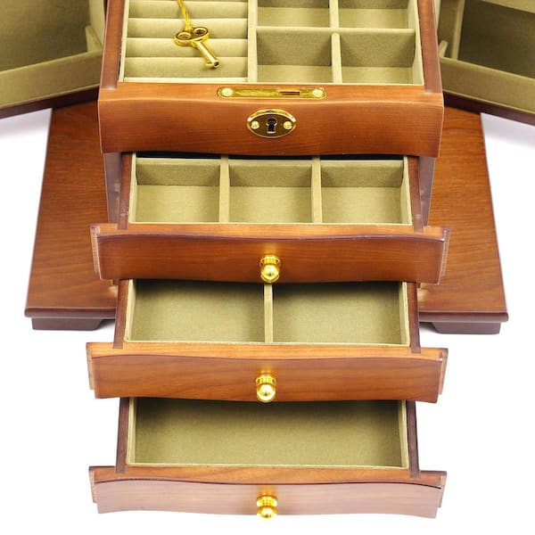 4-Drawer Wooden Jewelry Box with Mirror and Lock