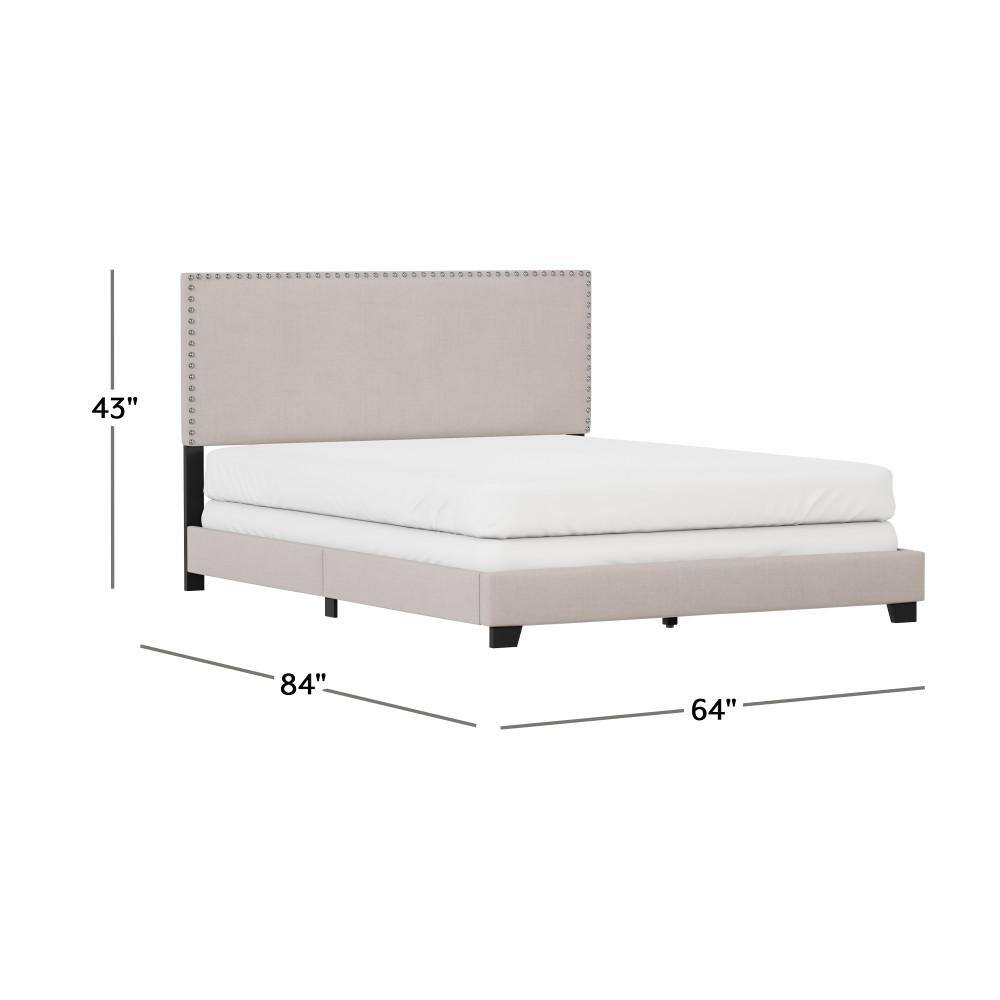 Gray Fog Upholstered Queen Bed with Nailhead Trim and Wood Frame