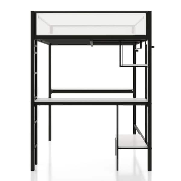 Nogren White/Black Full Metal Loft Bed With Two Desks and Patented Noise Reduction Slat Design