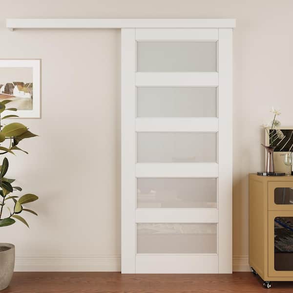 36 in. x 80 in. 5 Lite Tempered Frosted Glass Primed MDF Hidden Track Style Sliding Barn Door with Hardware Kit