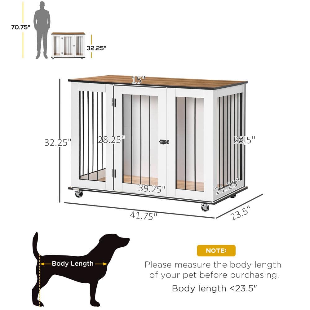 Large White Rolling Dog Crate Table with Steel Bars