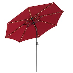 10 ft. Octagon Metal Market Solar LED Lighted Tilt Patio Umbrella in Wine with Easy Crank