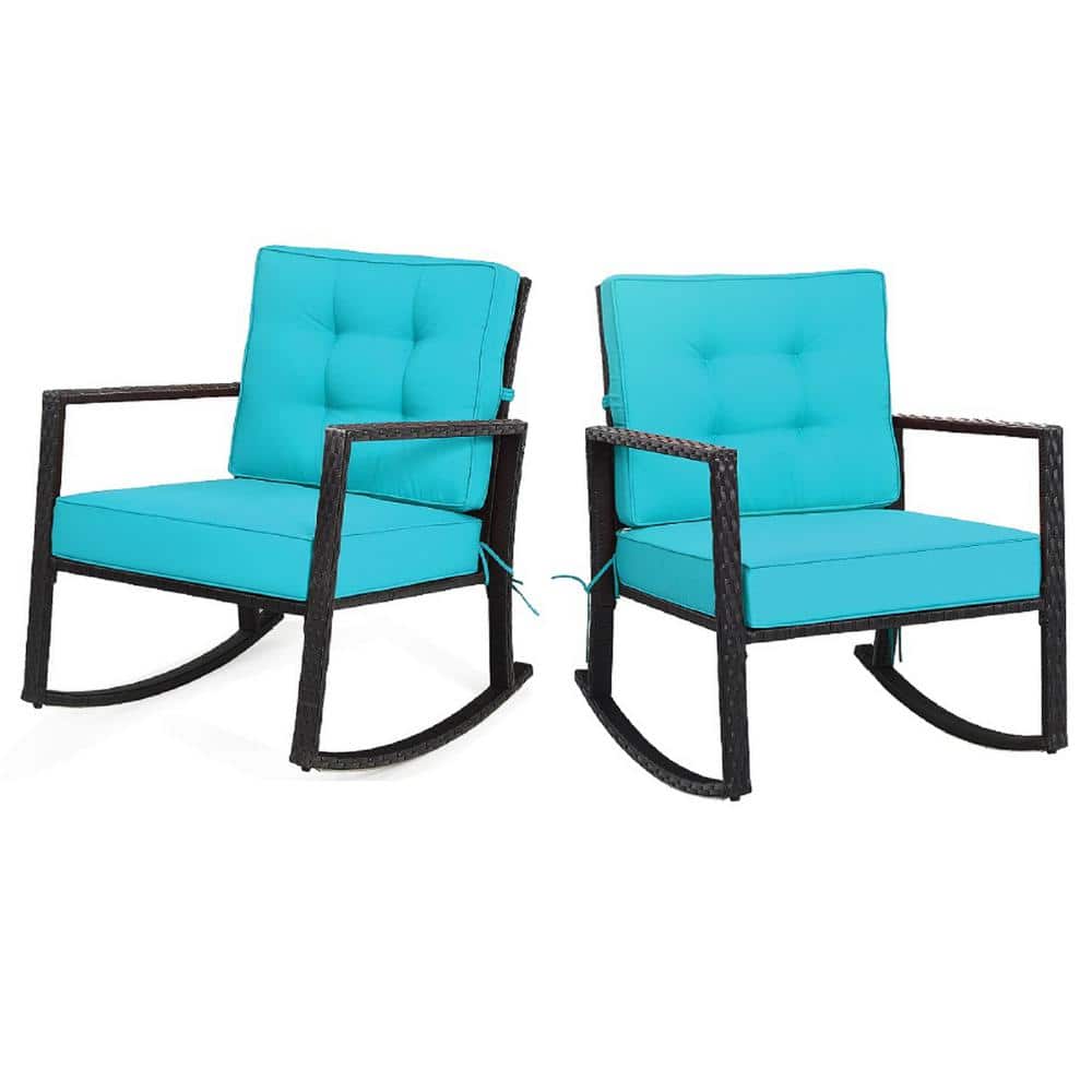 HONEY JOY Black Wicker Outdoor Rocking Chair Glider Rattan Rocker Recliner with Turquoise Cushion (2-Pack) -  TOPB005350