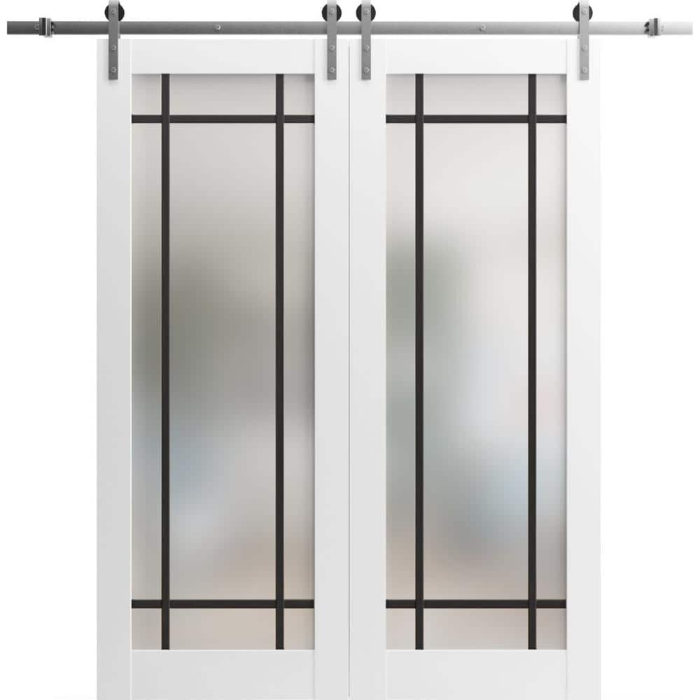 Assemble Required 18 in. x 84 in. 2-Panel Frosted Glass White Solid Wood Sliding Barn Door with Hardware Kit price history on PriceWatchPro