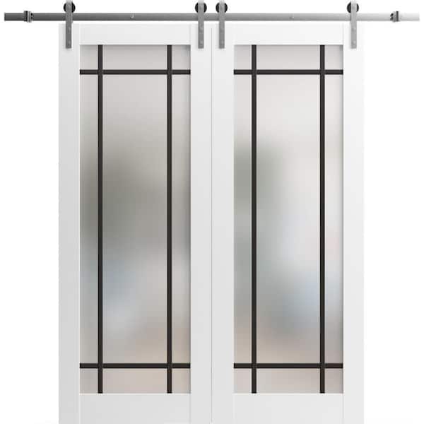 Sartodoors 24 in. x 96 in. 2 Panel Frosted Glass White Solid Wood Sliding Barn Door with Hardware Kit