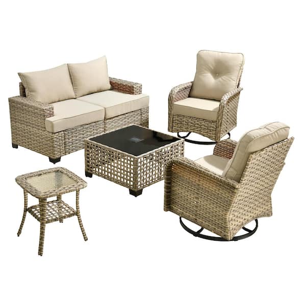 Kelleys 6-Piece Wicker Modern Outdoor Patio Conversation Seating Set with Swivel Chairs and Beige Cushions