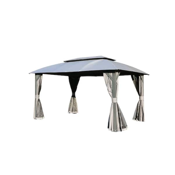 10 ft. x 14 ft. Gray Metal Outdoor Gazebo, Double Tiered Roof Gazebo Tent with Privacy Curtains