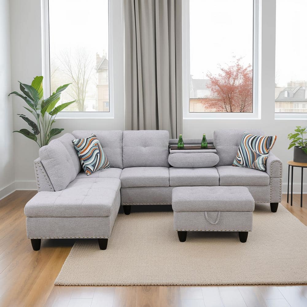 28.5 in. W Light Gray Flannel Polyester Blend Rectangle Ottoman with Storag