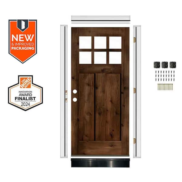 DIY 32 in. x 80 in. Alder Right-Hand 6-Lite Clear Glass Provincial Stain Wood Front Door Kit w/ Quick Assemble Jamb