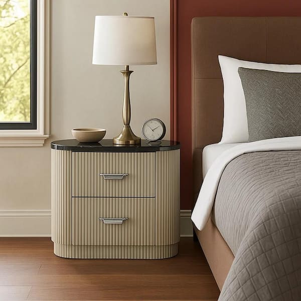 Trex Black and Silver 2 Drawer 16 in. W Nightstand Faux Marble Oval Top