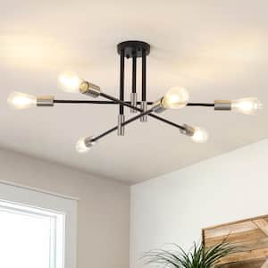 27.56 in. 6-Light Black/Nickel Dimmable Sputnik Chandelier Modern Linear Semi Flush Mount Ceiling Light for Living Room