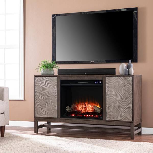 Southern Enterprises Limonara 54.25 in. Touch Panel Electric Fireplace in Brown and Antique Silver