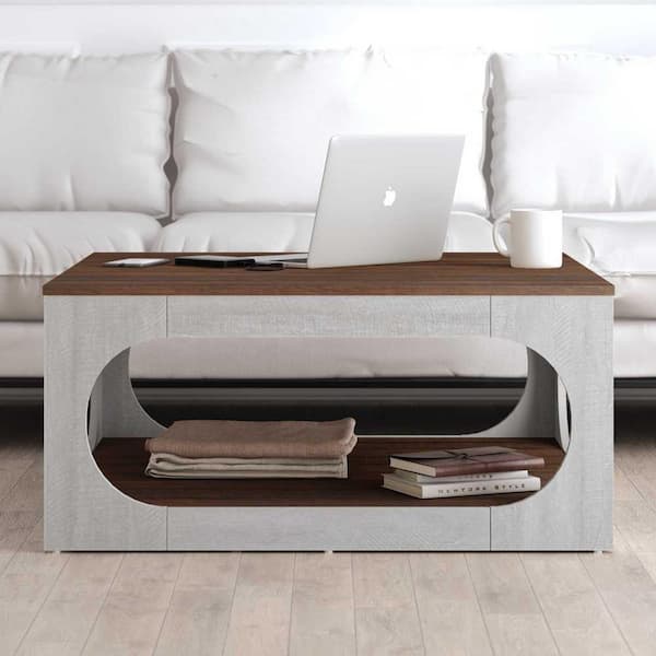 GALANO Doyle 34.8 in. Dusty Gray Oak with Dusty Walnut Square Wood Top Coffee Table
