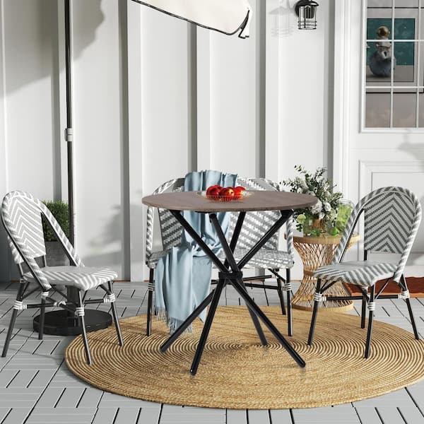 Homy Casa Fontana Farmhouse Smoked Oak Wood Top 31.5 in. in Black Metal Cross Legs Base Round Dining Table (Seats 2)