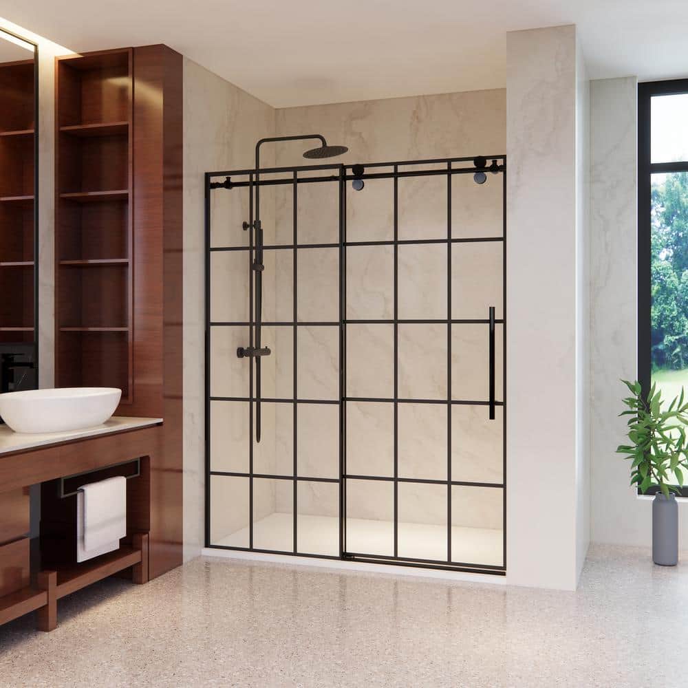 Esense 60" Matte Black Frameless Sliding Shower Door with Clear Glass
