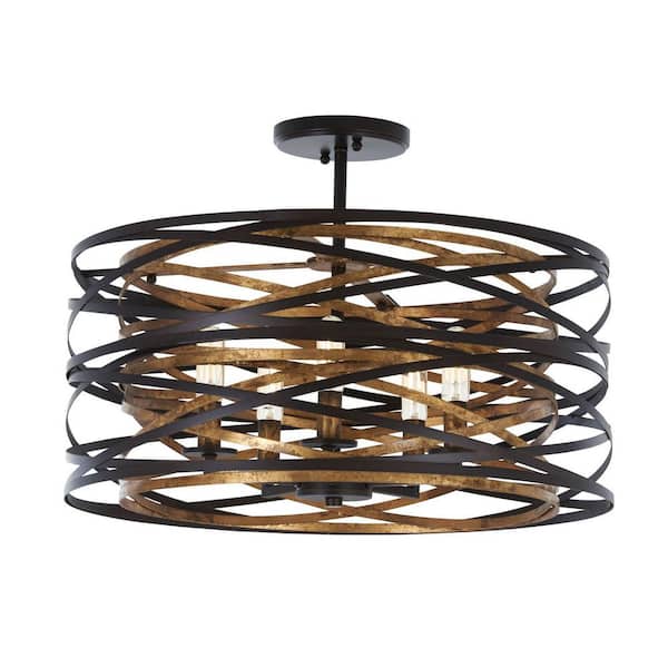 Vortic Flow 5-Light Dark Bronze with Mosaic Gold Interior Convertible Semi-Flush Mount