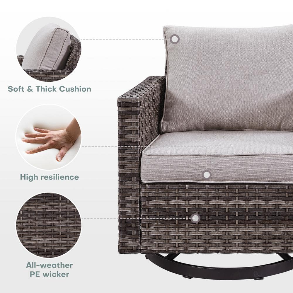 Gray Wicker Outdoor Rocking Armchair with Beige Cushions