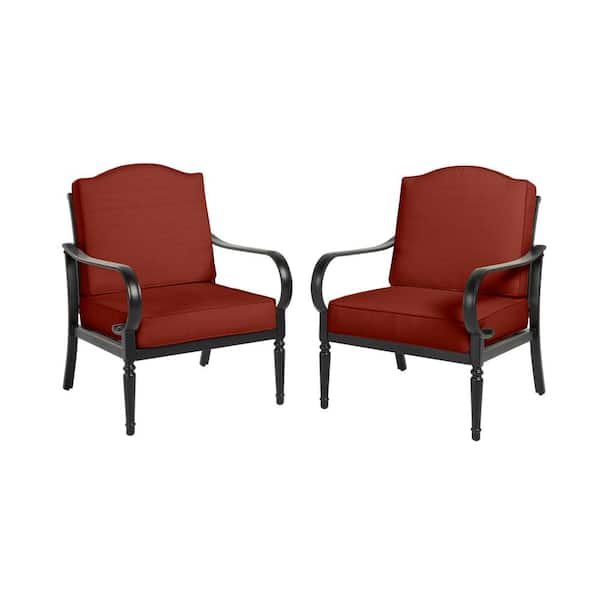 Hampton Bay Laurel Oaks Black Steel Outdoor Patio Stationary Dining Chair With Sunbrella Henna Red Cushions 2 Pack H104 01510100 - Oak Patio Dining Chair