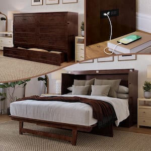 Dakota Walnut Brown Wood Frame Queen Murphy Bed Chest with Storage Drawer and Built-in Charging Station