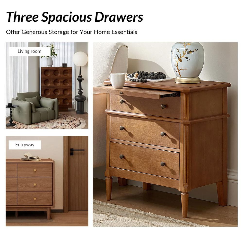 Fabien Teak 3-Drawer 28 in. W Nightstand with Solid Wood Legs (Set of 2) - thumbnail 6