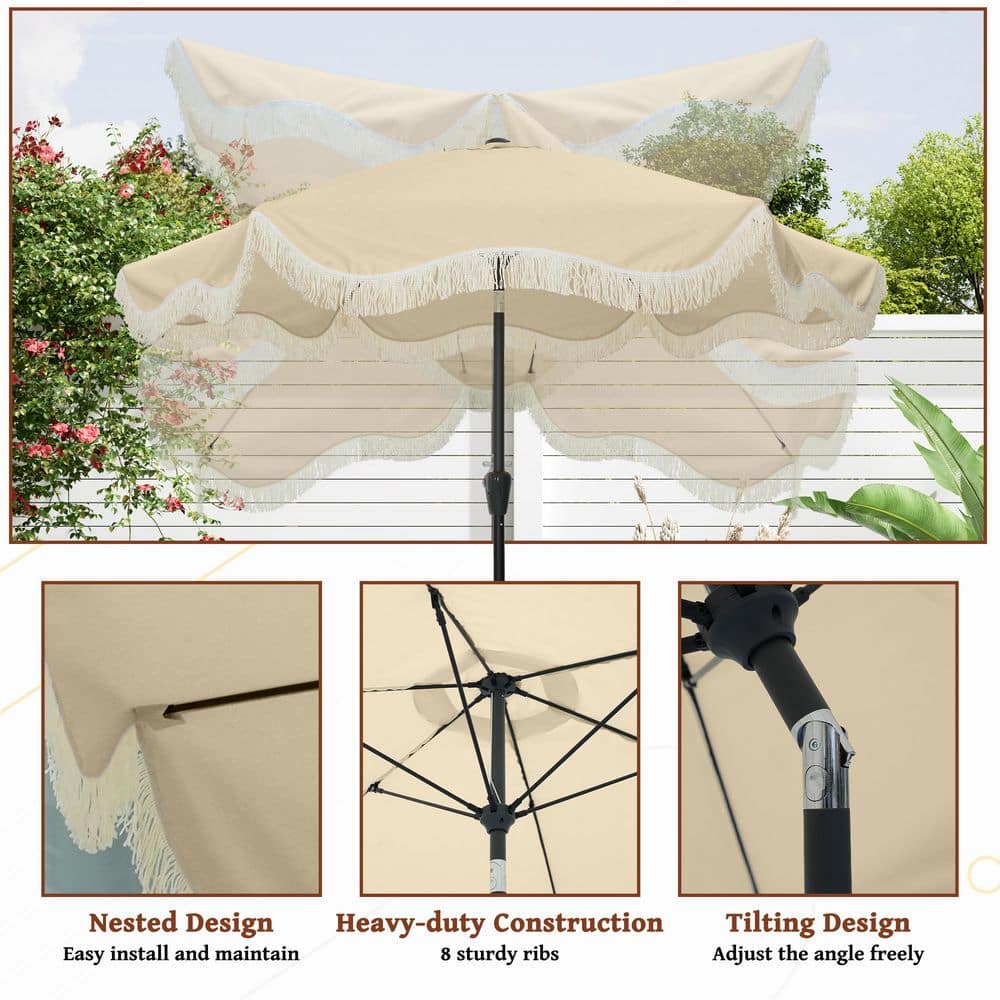 9 ft Beige Round Market Umbrella with Black Metal Pole and Tassels