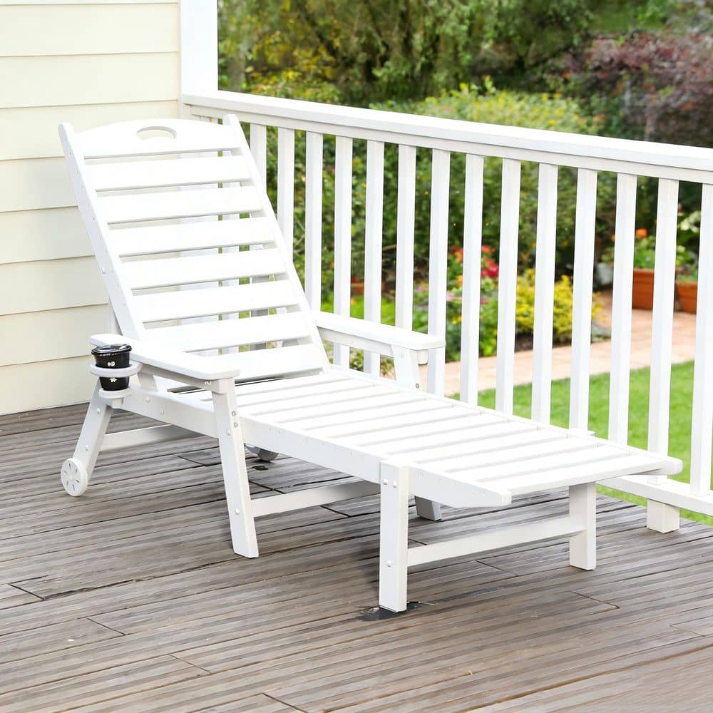 White Weather-Resistant HDPE Plastic Outdoor Patio Chaise Lounge Chair with Adjustable Backrest and Wheels price history on PriceWatchPro