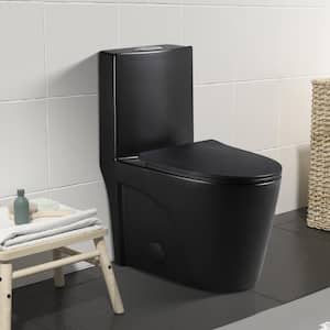 16 in. Rough-In 1-piece 1.1/1.6 GPF Dual Flush Elongated Toilet in Black Seat Included