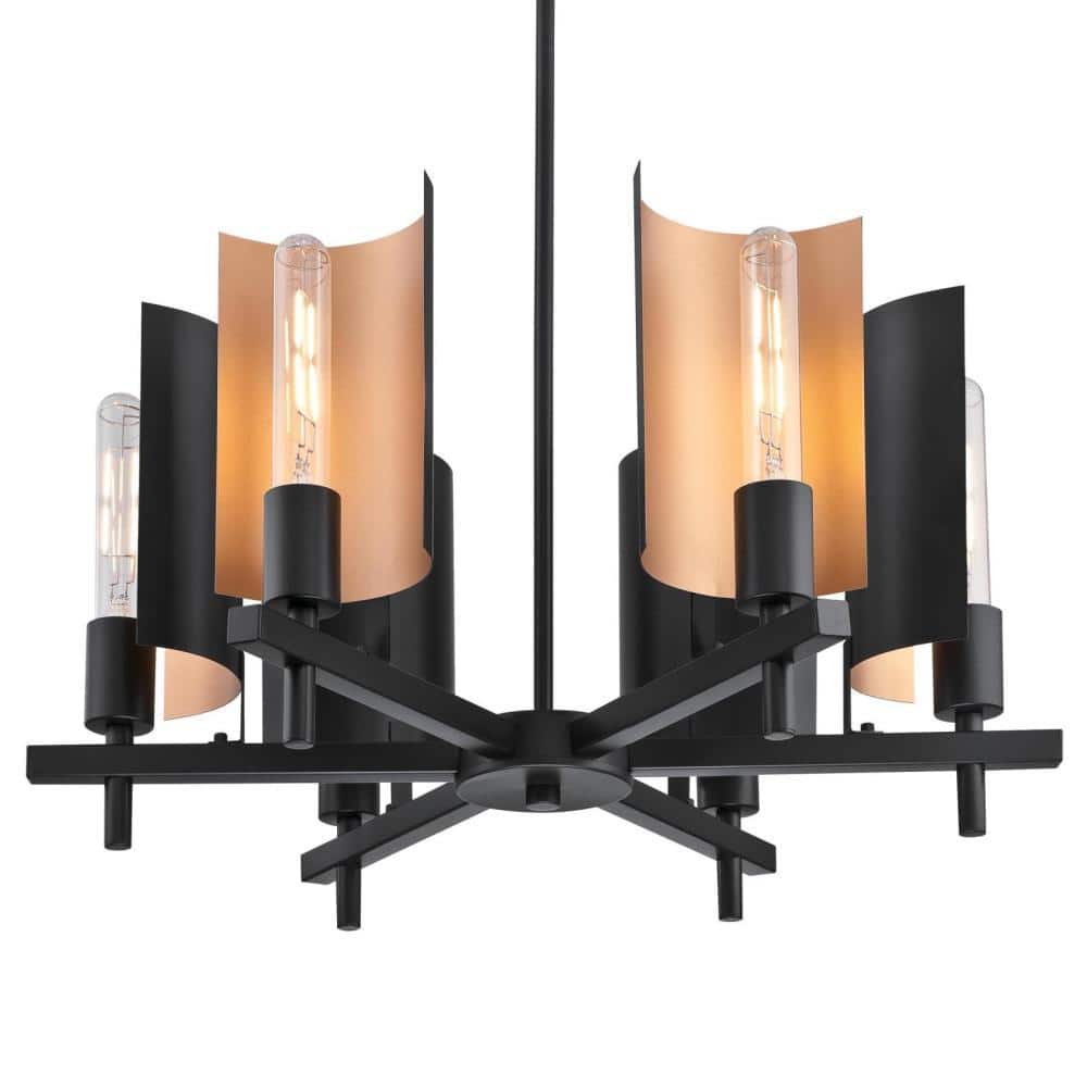 Matte Black and Bronze Six-Light Industrial Chandelier